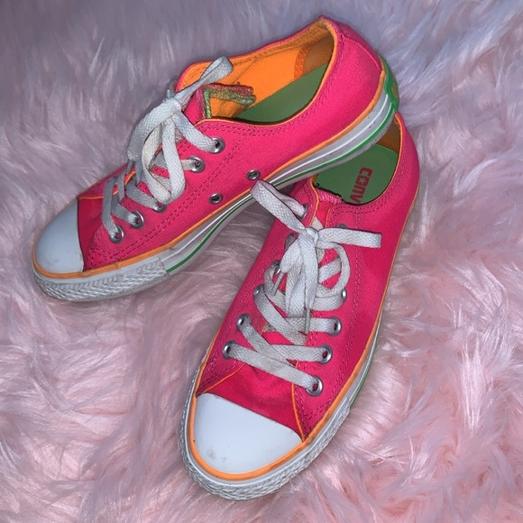 Neon Pink Low Top Converse Double Tongue - Picture 2 of 5